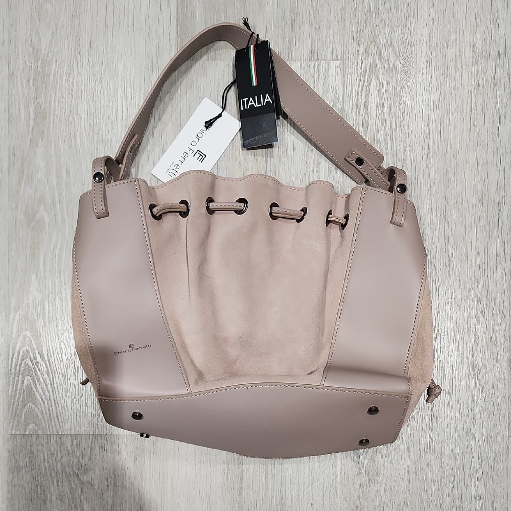 Chiara Ferragni Blush Tan Leather & Suede Drawstring Shoulder Bag